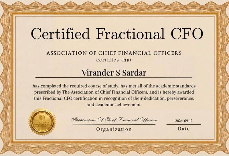 Certified Fractional CFO certificate awarded to Virander S Sardar by the Association of Chief Financial Officers
